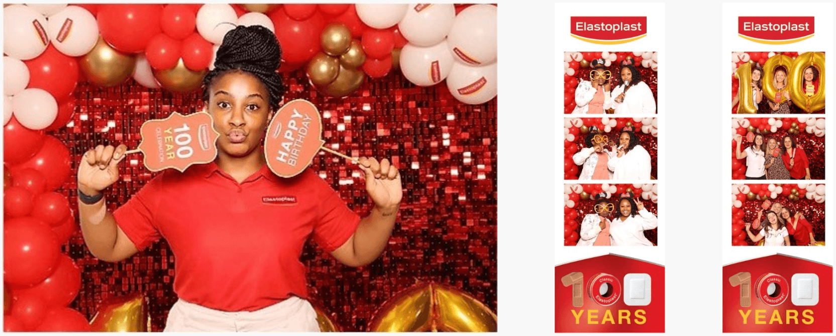 Elastoplast employees celebrating a 100-year milestone through a branded photo-booth experience.