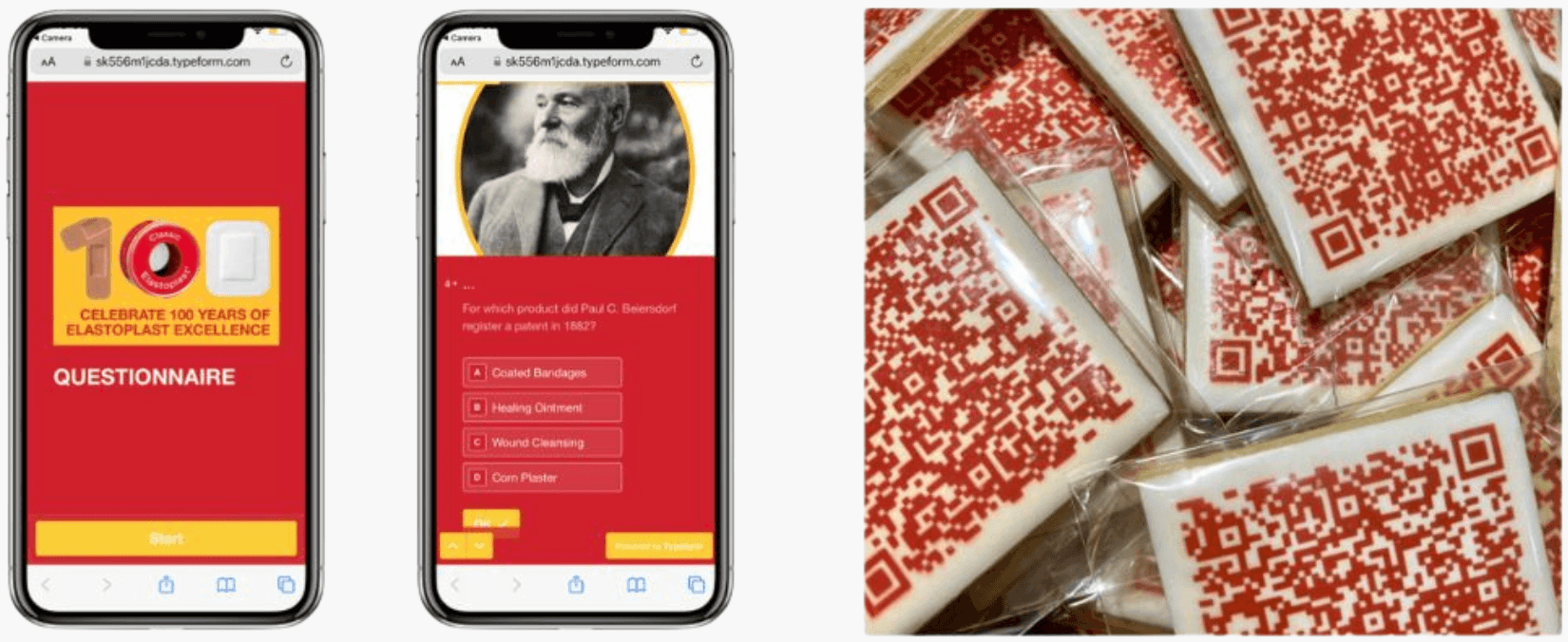 Elastoplast digital quiz screens alongside branded QR-code engagement cards.