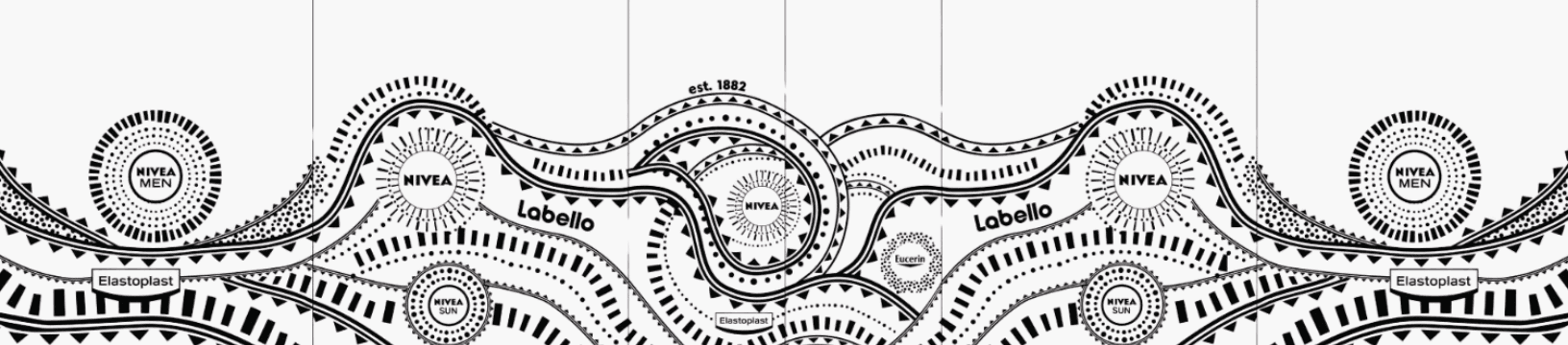 A panoramic Beiersdorf office decal combining the visual identities of its product brands.
