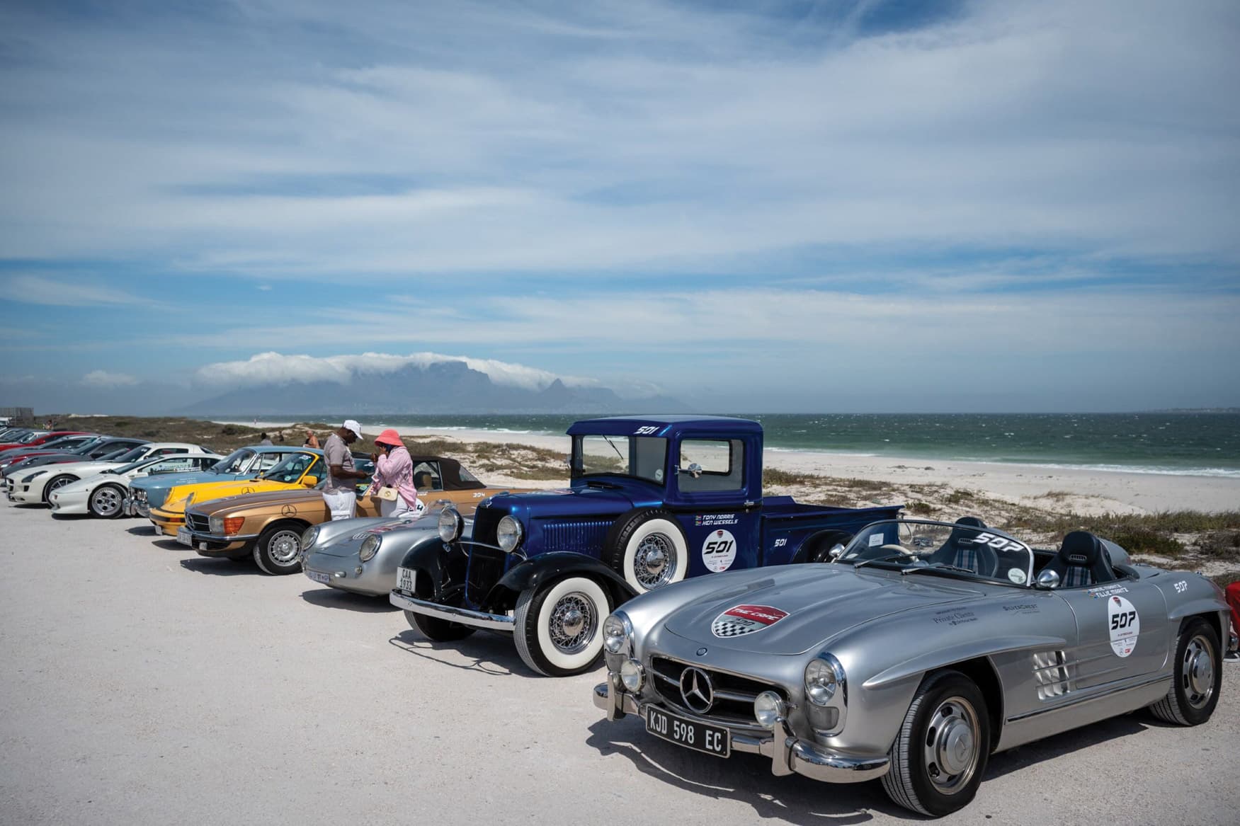 Classic cars gathered beside the coast during The Cape 1000.